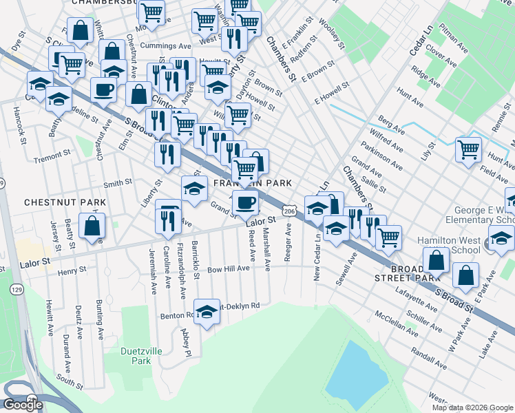 map of restaurants, bars, coffee shops, grocery stores, and more near 1383 South Broad Street in Trenton