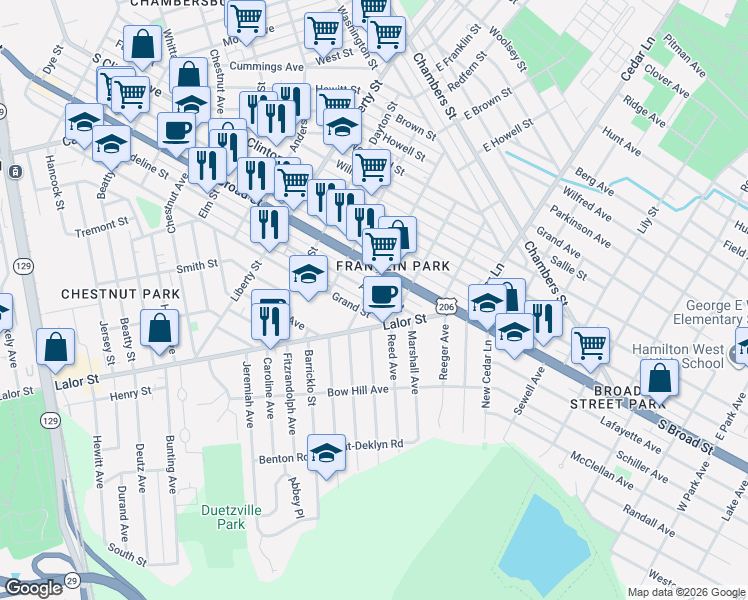 map of restaurants, bars, coffee shops, grocery stores, and more near 1108 Adeline Street in Trenton