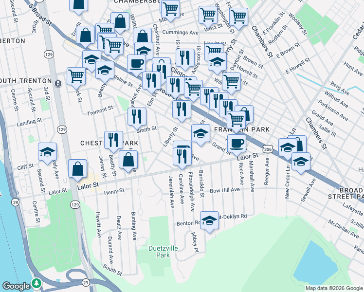 map of restaurants, bars, coffee shops, grocery stores, and more near 977 Smith Street in Trenton
