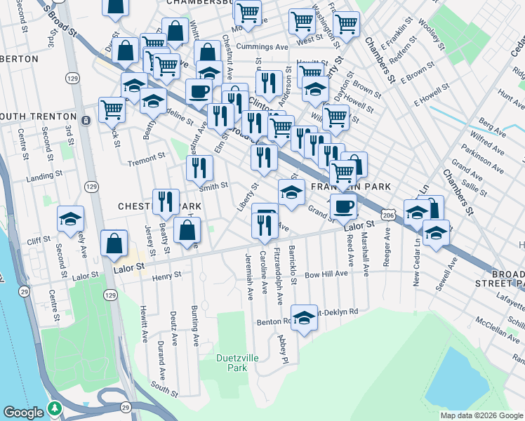 map of restaurants, bars, coffee shops, grocery stores, and more near 977 Smith Street in Trenton