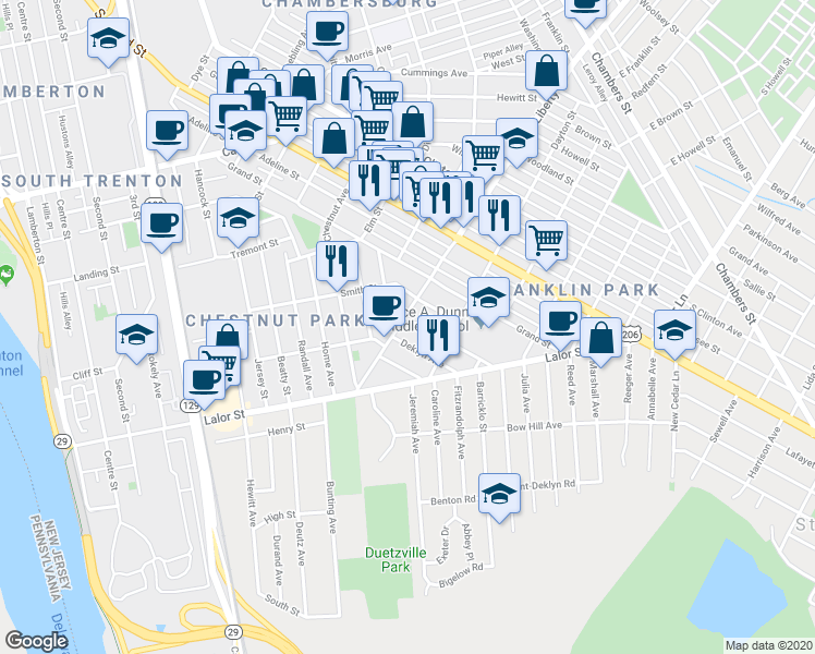 map of restaurants, bars, coffee shops, grocery stores, and more near 104 Liberty Street in Trenton