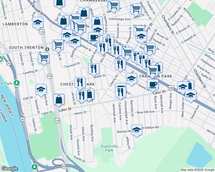 map of restaurants, bars, coffee shops, grocery stores, and more near 104 Liberty Street in Trenton