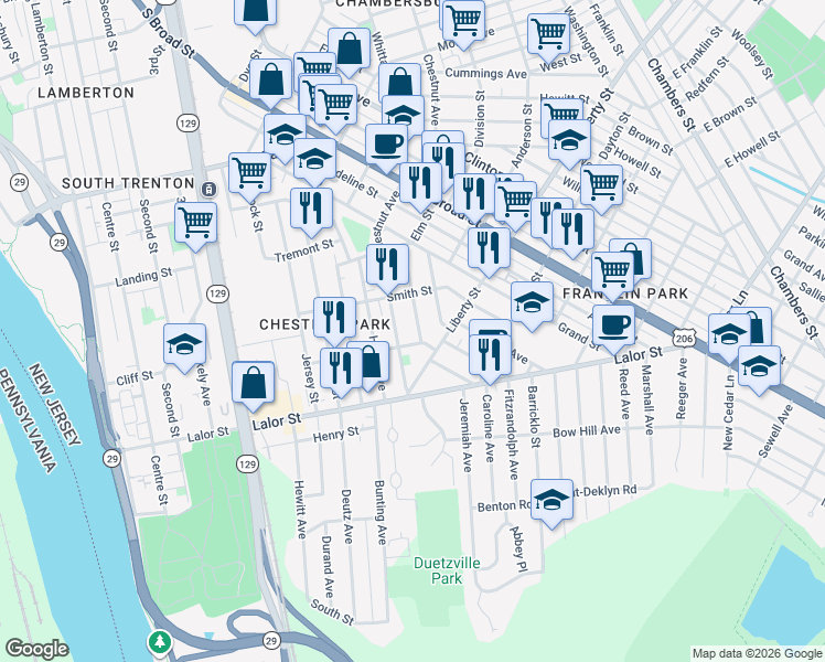 map of restaurants, bars, coffee shops, grocery stores, and more near 145 Barnt Avenue in Trenton