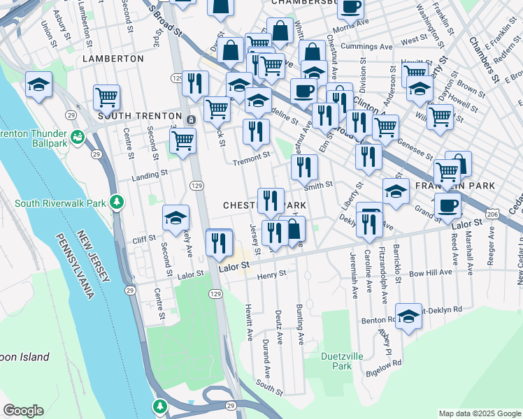 map of restaurants, bars, coffee shops, grocery stores, and more near in Trenton