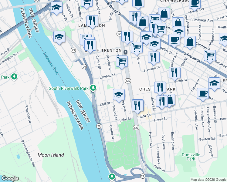 map of restaurants, bars, coffee shops, grocery stores, and more near 656 Second Street in Trenton