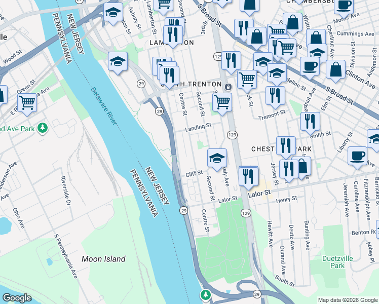 map of restaurants, bars, coffee shops, grocery stores, and more near 646 Centre Street in Trenton