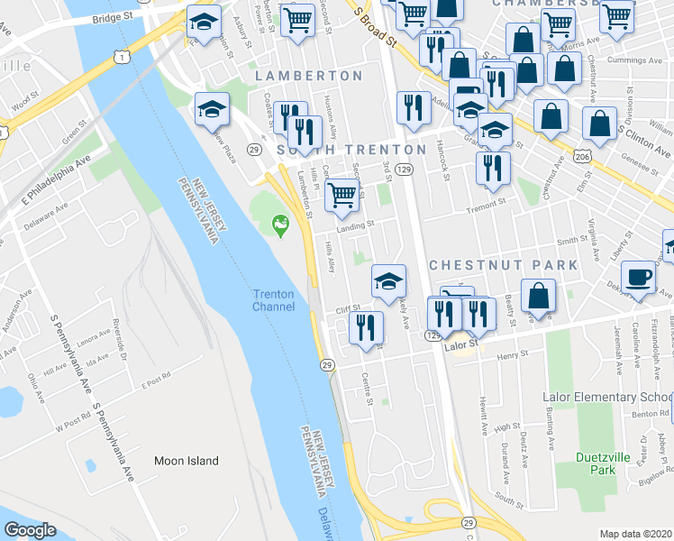 map of restaurants, bars, coffee shops, grocery stores, and more near 646 Centre Street in Trenton