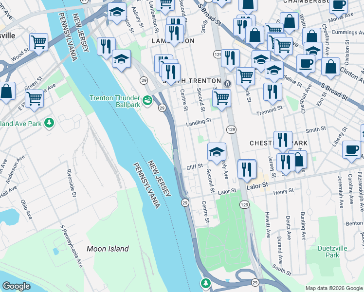 map of restaurants, bars, coffee shops, grocery stores, and more near 936 Lamberton Street in Trenton