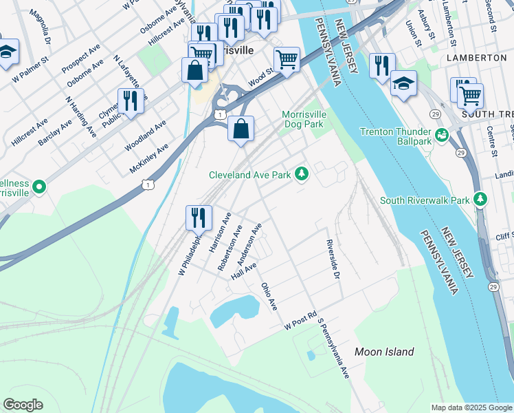 map of restaurants, bars, coffee shops, grocery stores, and more near 24 West Cleveland Avenue in Morrisville