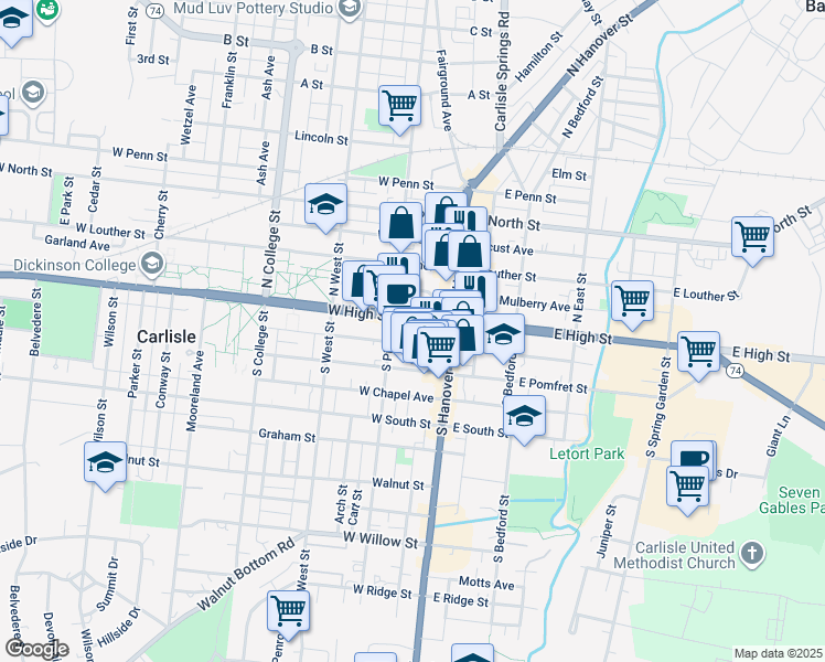 map of restaurants, bars, coffee shops, grocery stores, and more near 8 West High Street in Carlisle