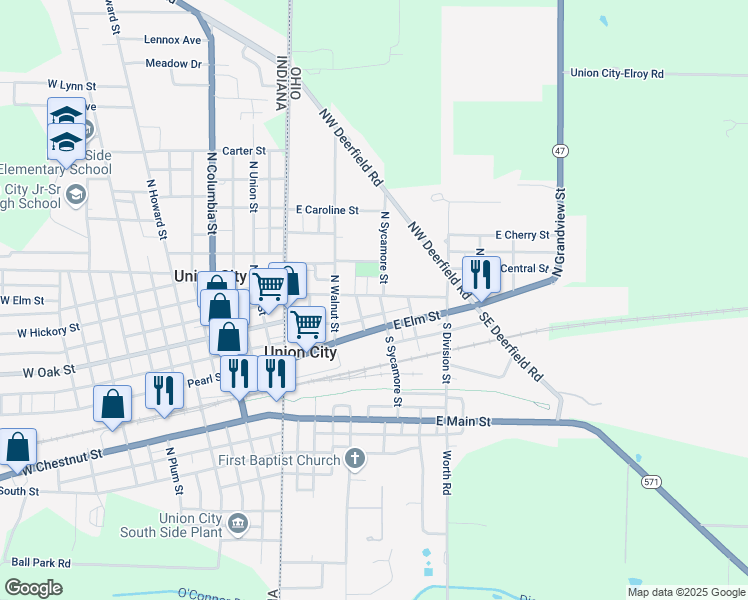 map of restaurants, bars, coffee shops, grocery stores, and more near 407 East North Street in Union City