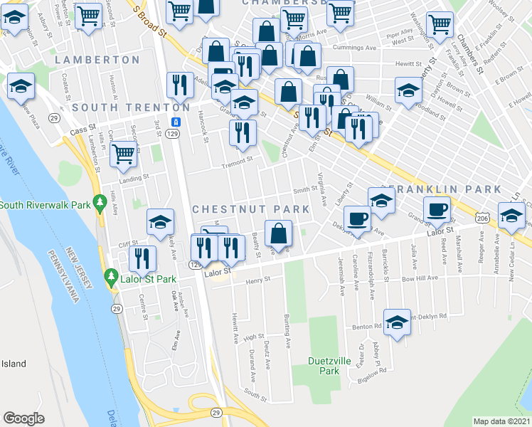 map of restaurants, bars, coffee shops, grocery stores, and more near 137 Randall Avenue in Trenton