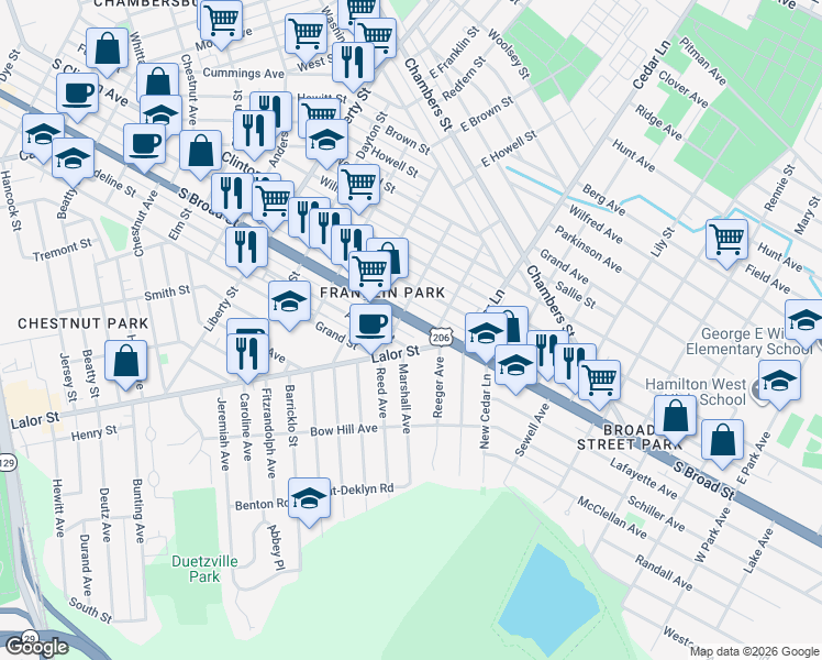 map of restaurants, bars, coffee shops, grocery stores, and more near 1383 South Broad Street in Trenton