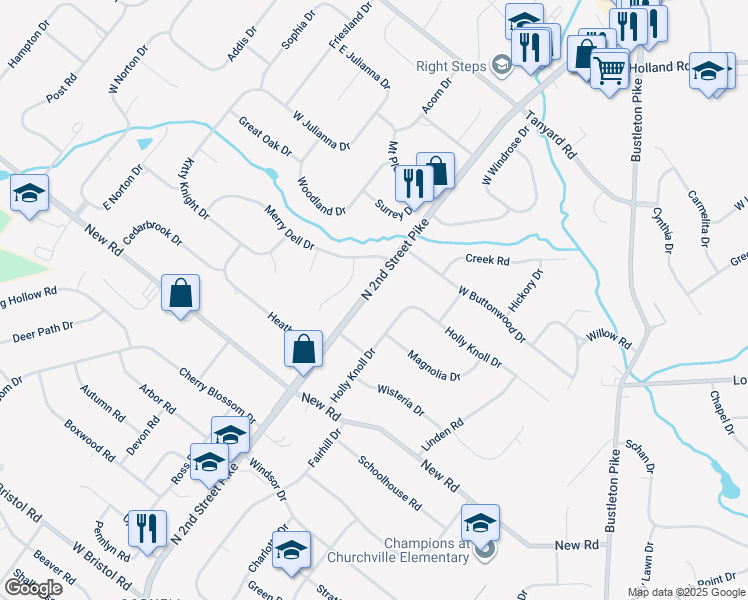 map of restaurants, bars, coffee shops, grocery stores, and more near 363 North 2nd Street Pike in Churchville