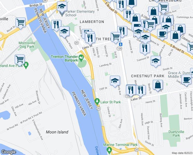 map of restaurants, bars, coffee shops, grocery stores, and more near 944 Lamberton Street in Trenton