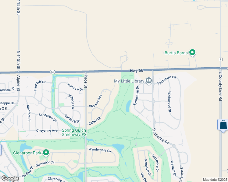 map of restaurants, bars, coffee shops, grocery stores, and more near 2402 Calais Drive in Longmont