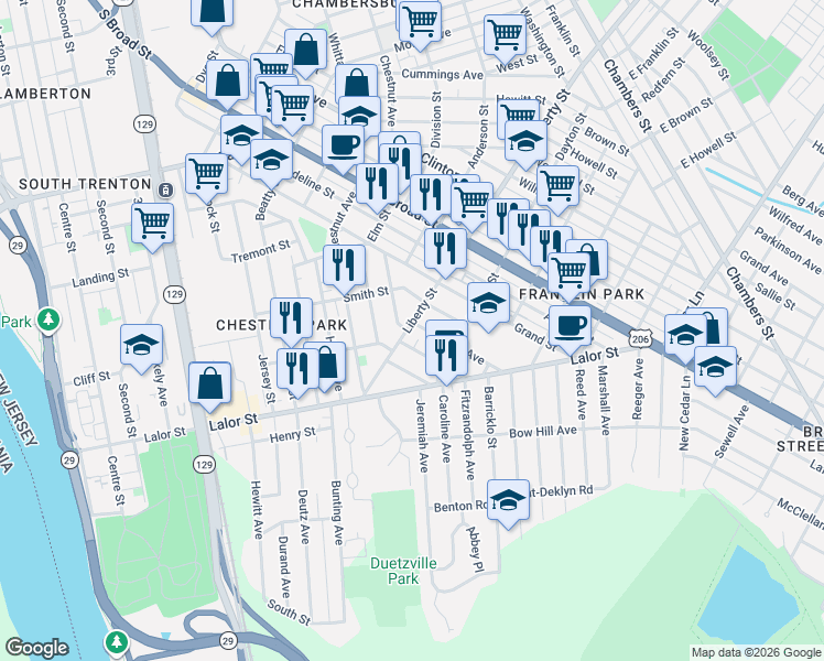 map of restaurants, bars, coffee shops, grocery stores, and more near 81 Liberty Street in Trenton
