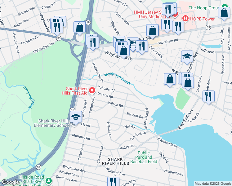 map of restaurants, bars, coffee shops, grocery stores, and more near 231 Robbins Road in Neptune City