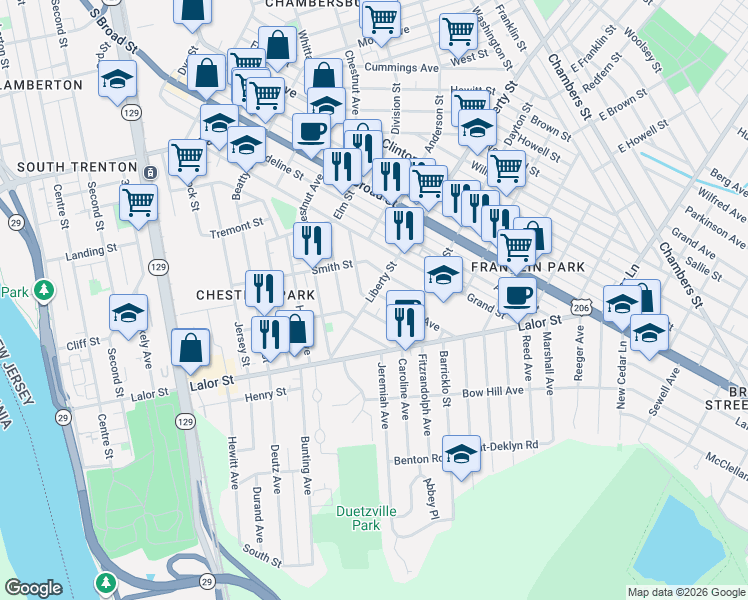 map of restaurants, bars, coffee shops, grocery stores, and more near 104 Liberty Street in Trenton