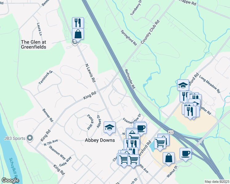 map of restaurants, bars, coffee shops, grocery stores, and more near 2014 Foxmeadow Drive in Royersford