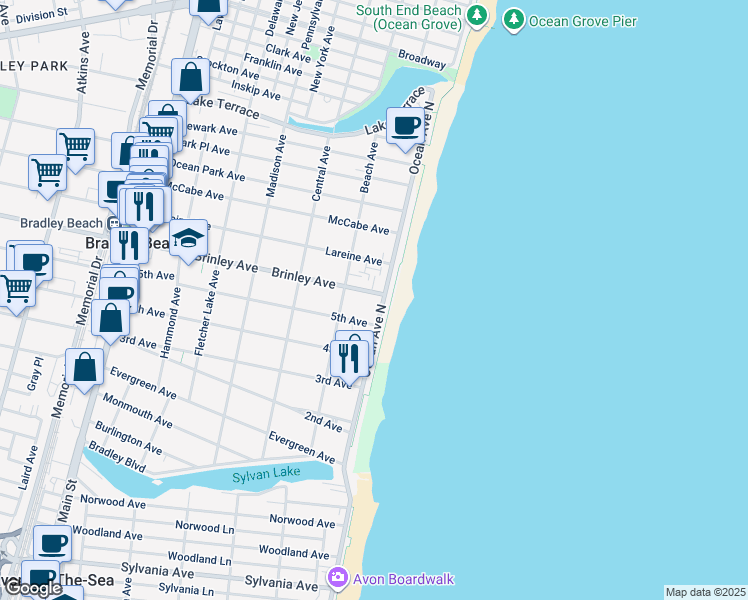 map of restaurants, bars, coffee shops, grocery stores, and more near 511 Ocean Avenue in Bradley Beach