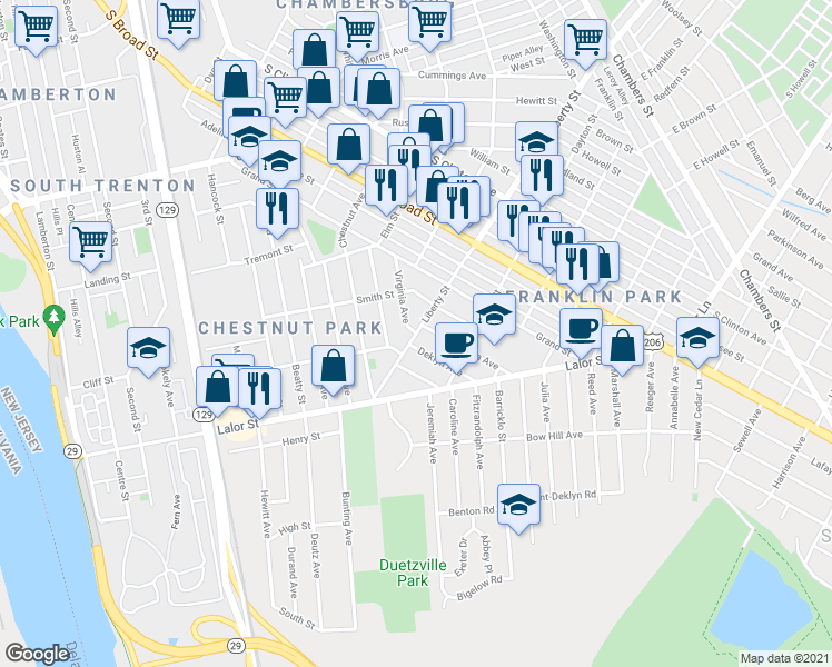 map of restaurants, bars, coffee shops, grocery stores, and more near Liberty Street & Virginia Avenue in Trenton