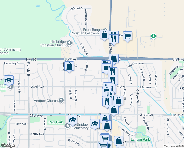 map of restaurants, bars, coffee shops, grocery stores, and more near 911 Parker Drive in Longmont
