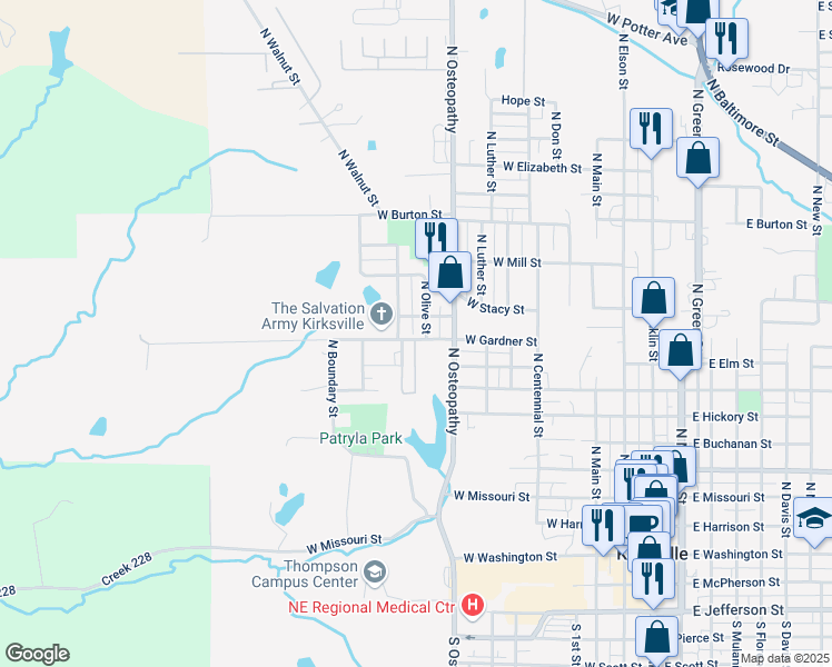 map of restaurants, bars, coffee shops, grocery stores, and more near 901-999 North Olive Street in Kirksville