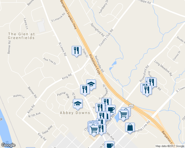 map of restaurants, bars, coffee shops, grocery stores, and more near 2109 Foxmeadow Drive in Royersford