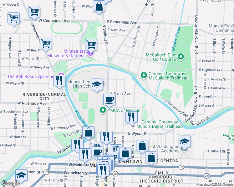 map of restaurants, bars, coffee shops, grocery stores, and more near 214 East Myrtle Avenue in Muncie
