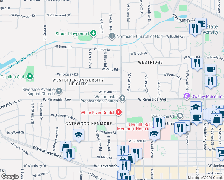 map of restaurants, bars, coffee shops, grocery stores, and more near 908 North Alden Road in Muncie