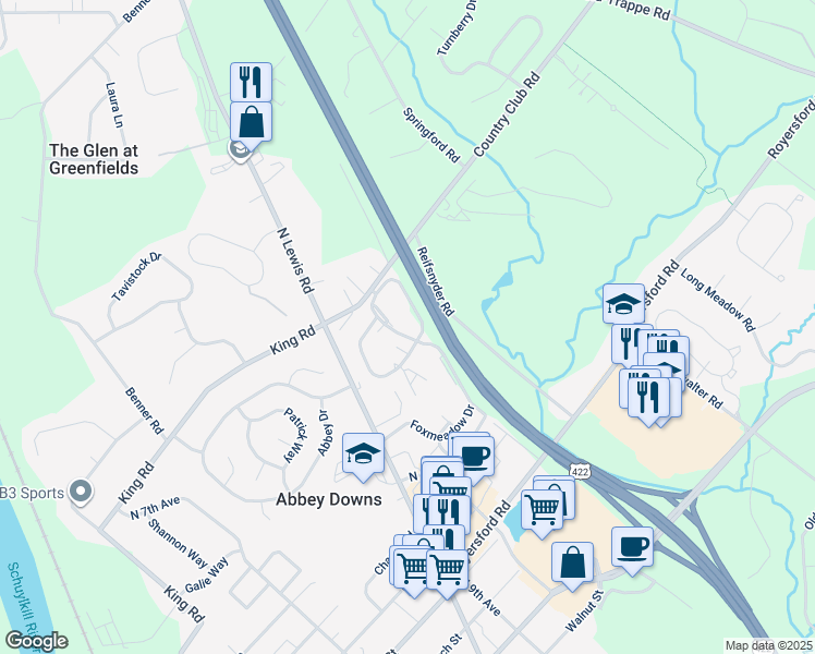 map of restaurants, bars, coffee shops, grocery stores, and more near 2109 Foxmeadow Drive in Royersford