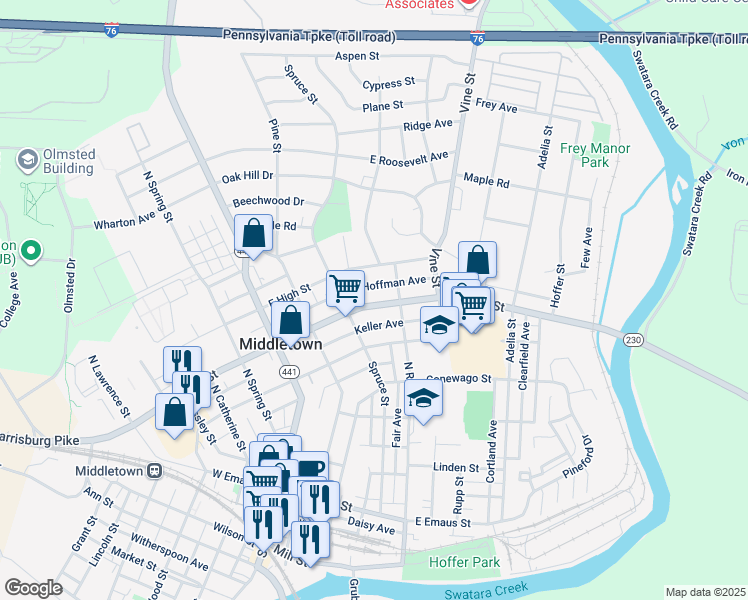 map of restaurants, bars, coffee shops, grocery stores, and more near 253 East Main Street in Middletown