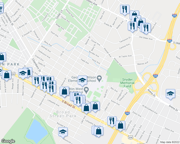 map of restaurants, bars, coffee shops, grocery stores, and more near 633 Berg Avenue in Hamilton Township