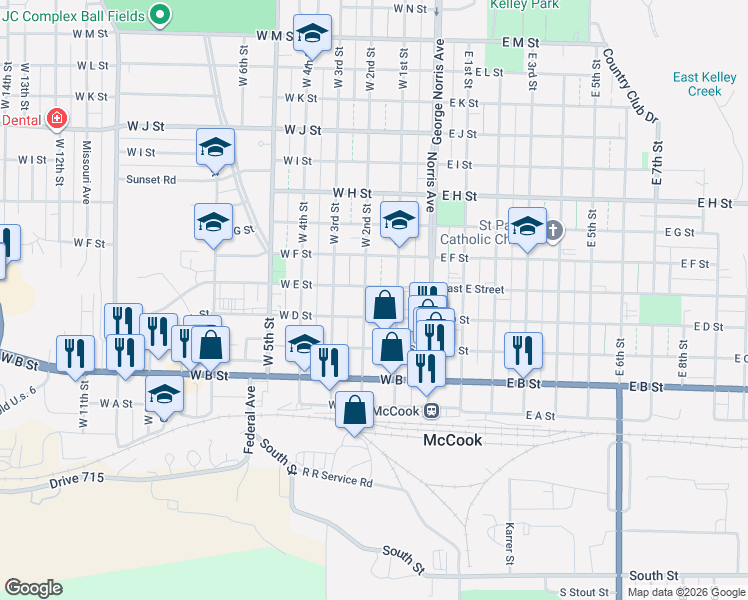 map of restaurants, bars, coffee shops, grocery stores, and more near 300-398 West E Street in McCook