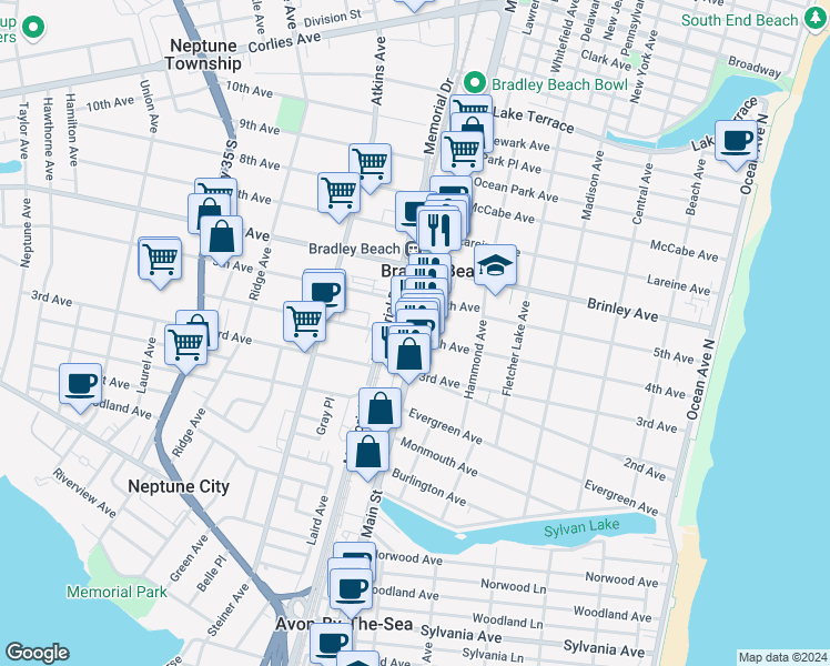 map of restaurants, bars, coffee shops, grocery stores, and more near 407 Main Street in Bradley Beach