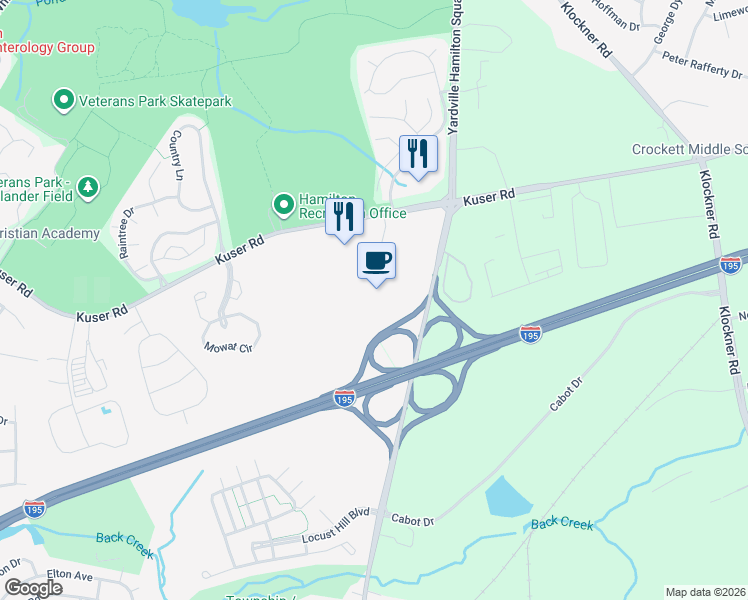 map of restaurants, bars, coffee shops, grocery stores, and more near 2445 Kuser Road in Hamilton Township