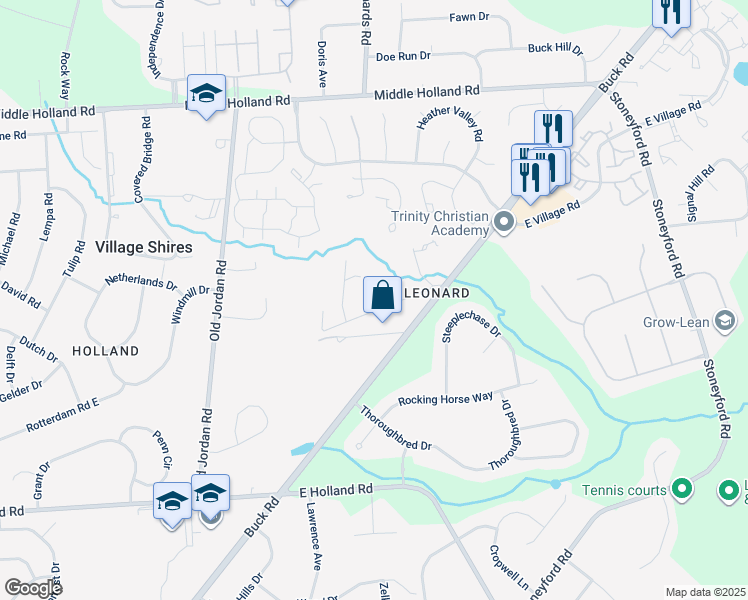 map of restaurants, bars, coffee shops, grocery stores, and more near 57 Spring Avenue in Village Shires