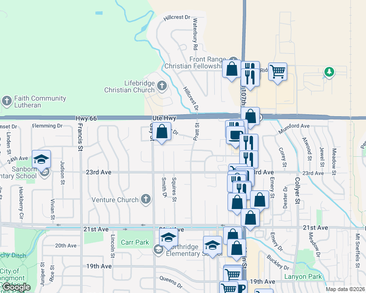 map of restaurants, bars, coffee shops, grocery stores, and more near 1018 Kelly Place in Longmont