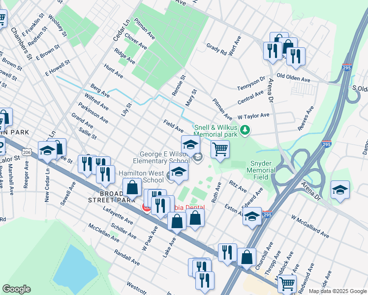 map of restaurants, bars, coffee shops, grocery stores, and more near 631 Berg Avenue in Hamilton Township