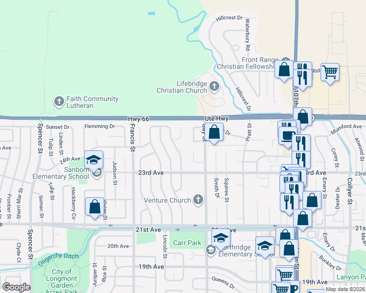 map of restaurants, bars, coffee shops, grocery stores, and more near 2406 Dodd Lane in Longmont