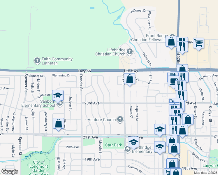 map of restaurants, bars, coffee shops, grocery stores, and more near 2406 Dodd Lane in Longmont