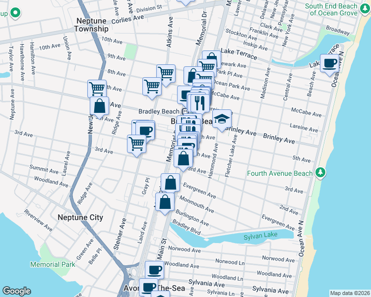 map of restaurants, bars, coffee shops, grocery stores, and more near 407 Main Street in Bradley Beach