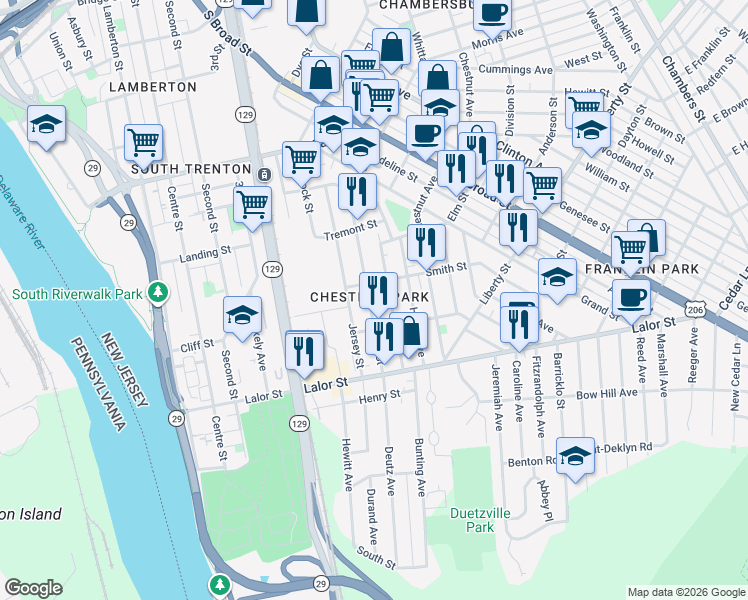 map of restaurants, bars, coffee shops, grocery stores, and more near in Trenton