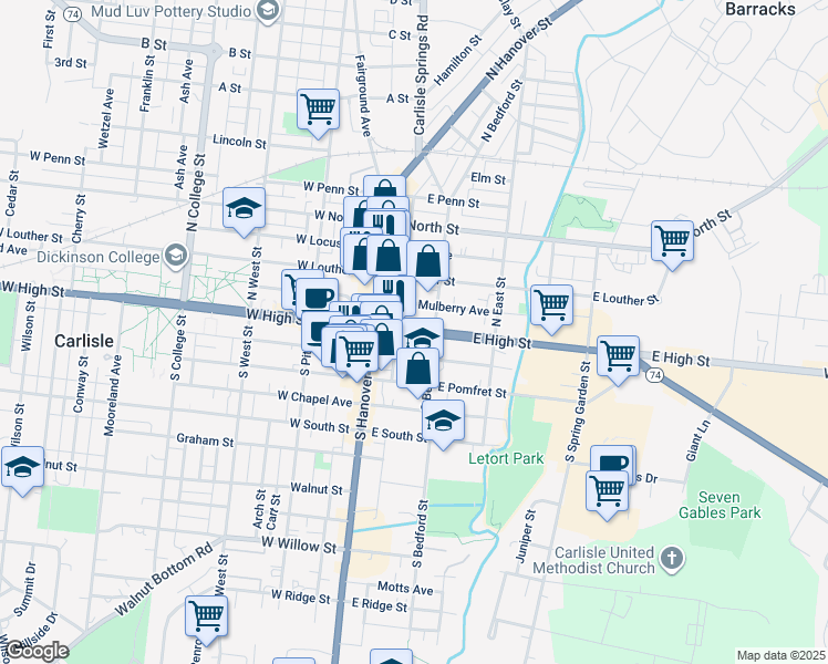 map of restaurants, bars, coffee shops, grocery stores, and more near 37 East High Street in Carlisle