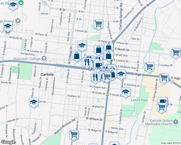 map of restaurants, bars, coffee shops, grocery stores, and more near 150 West High Street in Carlisle