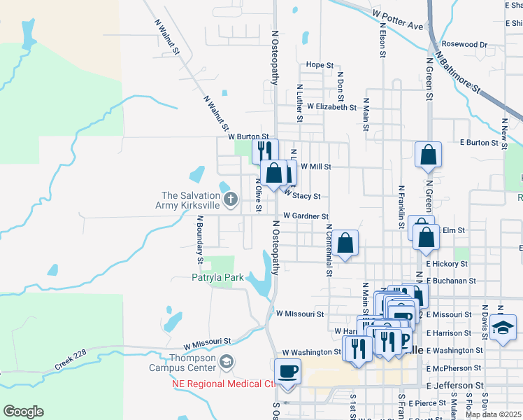 map of restaurants, bars, coffee shops, grocery stores, and more near 901-999 North Olive Street in Kirksville