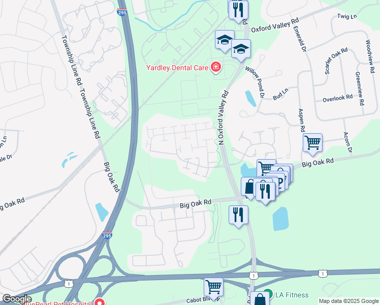 map of restaurants, bars, coffee shops, grocery stores, and more near 1702 Pierce Way in Yardley