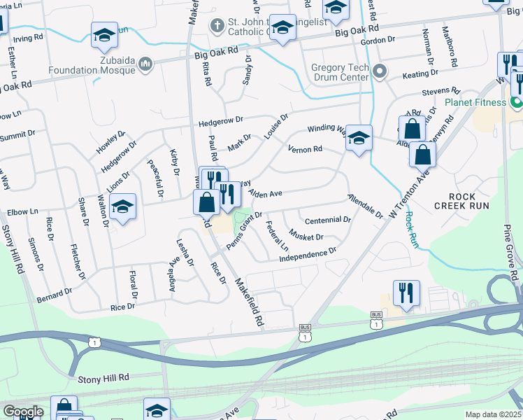 map of restaurants, bars, coffee shops, grocery stores, and more near 113 Penns Grant Drive in Morrisville