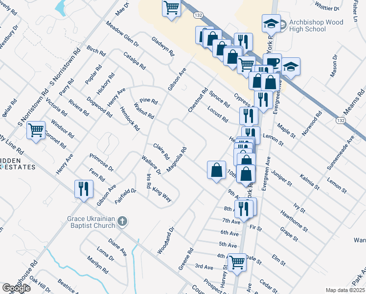 map of restaurants, bars, coffee shops, grocery stores, and more near 284 Magnolia Road in Warminster